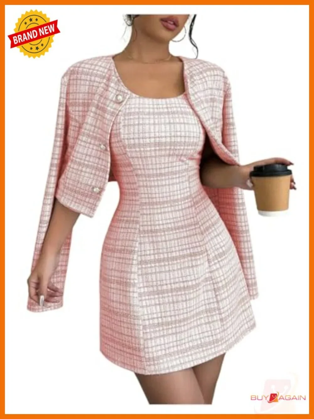 2 Piece Plaid Long Sleeve Cropped Jacket and Mini Tank Dress Set
